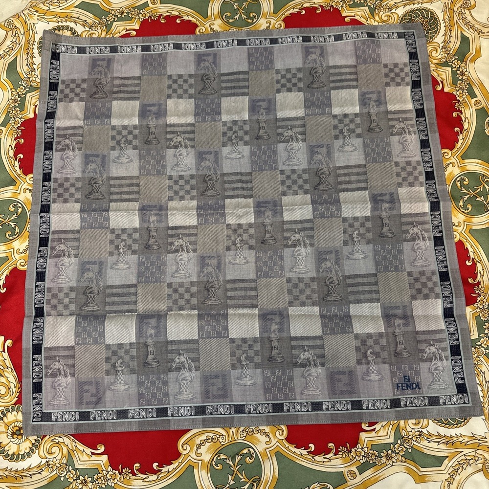 Fendi vintage 19x19 scarf chess horse pattern logo embroidery gorgeous